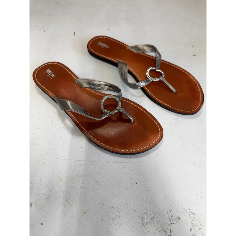 Mossimo Womens Silver Rhinestone Cognac Thong Sandals Size 8 Flat Flip Flops